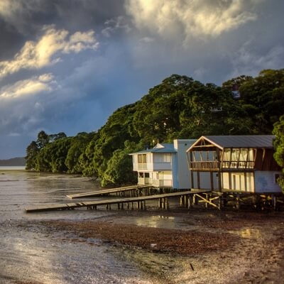 beach house with an extended dock